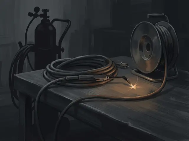 Illustration of coiled welding leads, a gas bottle and cart, and a cable reel at bench scale, no truck body or lettering visible